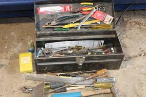 lot 247 image: 19 Metal Tool Box, Wrenches, Screwdrivers, Hammer, Misc. Hand Tools
