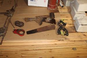 lot 306 image: Vintage Hand Tools - Wedge, Mallet, Clamp, Axe Head, Couplings