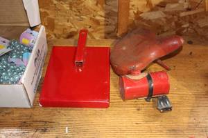 lot 352 image: Lot of (3) Vintage Metal Tractor Attachments - Seat, Tank, Platform