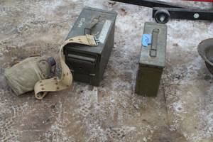 lot 152 image: Vintage Military Supplies - Ammo Boxes (x2), Canteen (x1)