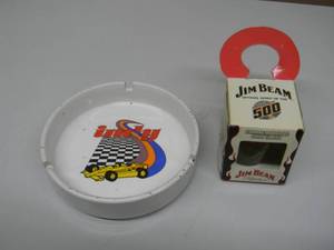 lot 20 image: RARE VINTAGE 1980s INDY ASHTRAY - NICE FOR ITS AGE - APPROX 5 & JIM BEAM RACING INDIANAPOLIS 500 SHOT GLASS - SEE PICTURES