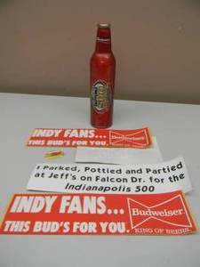 lot 33 image: BUDWEISER BEER DAYTONA 500 & INDY COLLECTION - CAN, BUMPER STICKERS, HAT  LAPEL PIN - VERY COOL COLLECTION - SEE PICTURES