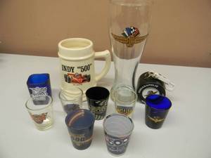 lot 37 image: INDIANAPOLIS MOTOR SPEEDWAY & INDAINAPOLIS 500 COLLECTION - STEIN, GLASS, SHOT GLASSES, PONCO - GREAT COLLECTION - SEE PICTURES