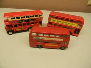 lot 47 image: GREAT SET - LOT OF 3 METAL DOUBLE DECKER BUSES - HOLY TIME NEWS - BUDGIE TOY A.E.C. ROUTEMASTER 64 SEATER - ZYLMEX NUTRA SWEET LONDON MARATHON BUS - SEE PICTURES