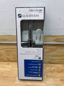 lot 59 image: GLACIER BAY 18 in. x 1-14 in. Concealed Screw ADA Compliant Grab Bar with Adjustable Hand Shower Holder in Chrome
