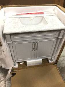 Home Decorators Aberdeen 36 in. W x 22 in. D Single Bath Vanity in Dove Grey with Carrara Marble Top with White Sink not used