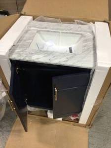 Home Decorators Sturgess 31 in. W x 22 in. D x 35 in. H Bathroom Vanity in Navy Blue with Carrara White Marble Top