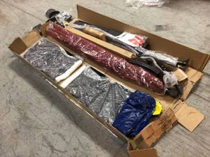 lot 112 image: 8 ft. Square Aluminum Cantilever Offset Outdoor Patio Umbrella in Chili Red by Hampton Bay Customer Returns See Pictures