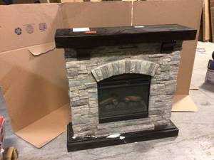 Home Decorators Collection Pembroke 40 in. Freestanding Faux Stone Infrared Electric Fireplace in Gray with Mantel PLEASE SEE PICS DAMAGE Customer Returns See Pictures