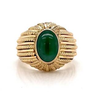 Mid-Century Modern Good Fortune Beautiful Natural Green Jade Scalloped Braiden Estate Ring in 14k Yellow Gold $4,800 Retail