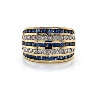 Classic Elegance Diamond and Natural Blue Sapphire Five Row Channel Estate Ring in Solid Yellow Gold $2,800 Retail