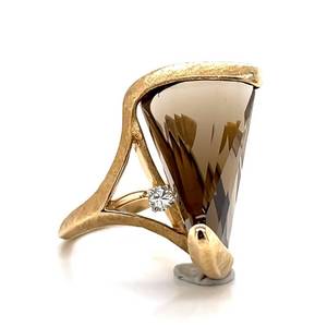Unique Retro-Mod Statement Lighthouse Fancy Cut Smoky Quartz &amp Diamond Accent Estate Ring in 14k Yellow Gold VIDEO