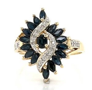 Vintage Estate Beauty Deep Blue Natural Sapphire & Diamond Cluster Fan Estate Cocktail Ring in Yellow Gold $1,950 Retail