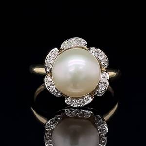 Timeless Beauty 10.50mm Round White Pearl &amp  Diamond Flower Cluster Cocktail Ring in Yellow Gold $1,450 Retail