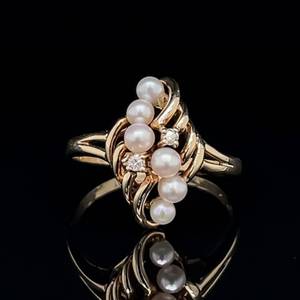 Tranquil Oasis Mini Pearl & Diamond Wavy Swirl Cluster Ring in Yellow Gold.