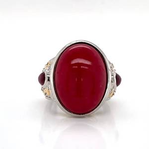 Statement White Sapphire, Red Stone &amp Garnet in Two-Tone Fleur de Lis Ring Estate