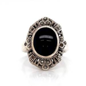 Bold Statement Black Onyx  &amp Marcasite Ballerina Vintage Style Estate Ring