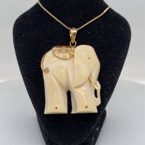 Estate Lucky Bone Elephant Meandros Greek Key Pendant Necklace in 14k Yellow Gold $800 Retail