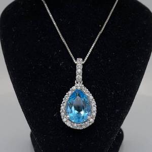 Vibrancy Estate Pear Shaped Blue Topaz & White Topaz Halo Cluster Dangle Pendant Necklace in 14k White Gold $1,999 Retail VIDEO