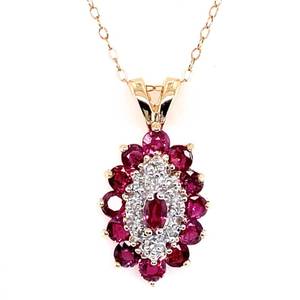 Vintage Luxury Estate Natural Ruby &amp Diamond Marquise Cluster Pendant Necklace in 14k Yellow Gold $1,575 Retail VIDEO