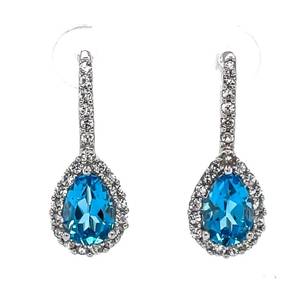 Vibrant Ocean Blue Estate Blue & White Topaz Halo Cluster Dangle Drop Wire Earrings in 14k White Gold $1,775 Retail VIDEO