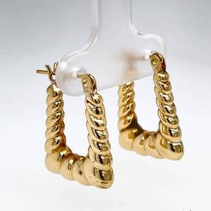 Retro Click-Top Square Ribbed Hollow Hoop Earrings in Yellow Gold Estate