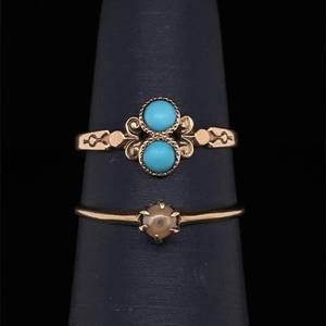 Set of 2 Unique Stacking Styles Seed Pearl Promise Ring & Two Stone Turquoise Bypass Ring in 10k Yellow Gold Estate
