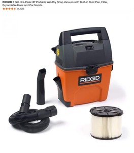 RIDGID 3 Gal. 3.5-Peak HP Portable WetDry Shop Vacuum with Built-in Dust Pan, Filter, Expandable Hose, Car Nozzle & Auto Detailing Accessory Kit. See Pictures