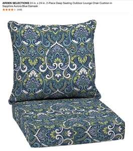 ARDEN SELECTIONS 24 in. x 24 in. 2-Piece Deep Seating Outdoor Lounge Chair Cushion in Sapphire Aurora Blue Damask & Other Sized Cushions. See Pictures