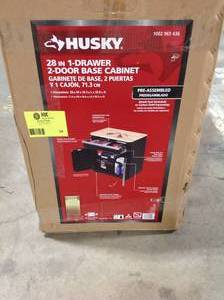 lot 34 image: Husky Ready-to-Assemble 24-Gauge Steel 1-Drawer 2-Door Garage Base Cabinet in Black (28 in. W x 33 in. H x 18 in. D) see Pic