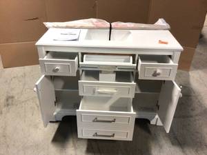 Melpark 48 in. W x 22 in. D Bath Vanity in White with Cultured Marble Vanity Top in White with White Sink by Home Decorators Slight Damage on Bottom Collection Customer Returns See Pictures