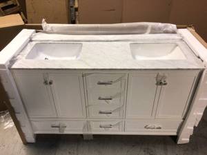 Merryfield 61 in. W x 22 in. D Bath Vanity in White with Marble Vanity Top in Carrara White with White Basin by Home Decorators Collection Broken on Marble Top See Pictures