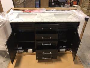 Aberdeen 60 in. W x 22 in. D Vanity in Black with Carrara Marble Top with White Sinks by Home Decorators Collection Broken Top Customer Returns See Pictures