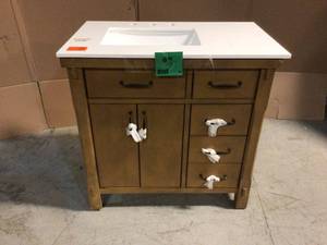 Bellington 36 in. W Bath Vanity in Almond Toffee with Engineered Stone Vanity Top in White with White Basin by Home Decorators Collection Customer Returns See Pictures