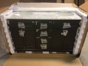 Windlowe 61 in. W x 22 in. D x 35 in. H Bath Vanity in Gray with Carrara Marble Vanity Top in White with White Sink by Home Decorators Collection Customer Returns See Pictures