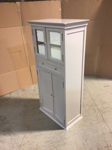 Hampton Harbor 25 in. W 4-Door Tall Cabinet in Dove Grey by Home Decorators Collection Damaged in back see pictures Customer Returns See Pictures