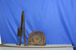 2 Man saw, Tractor Seat and Vintage corn planter tool