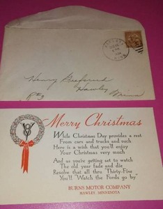 Burns Motor Company Hawley MN 1934 Christmas Card.