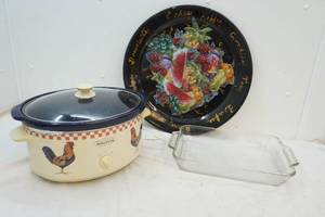 crock pot, platter, cake pan
