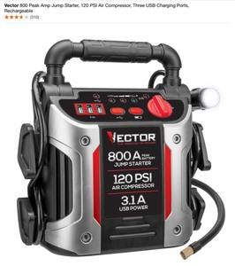 Vector 800 Peak Amp Jump Starter, 120 PSI Air Compressor, Three USB Charging Ports, Rechargeable. See Pictures