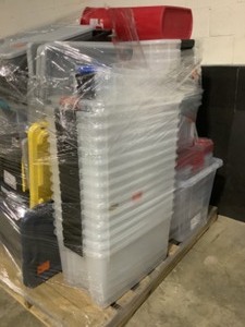 Pallet of Various Kinds & Sizes of Plastic Storage Bins and Other Types of OrganizersTotes. Various Conditions. See Pictures