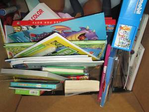 box of books and coloring books ...