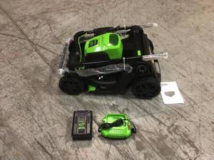lot 108 image: Greenworks PRO 17 in. 60-Volt Battery Cordless Push Lawn Mower with 4.0 Ah Battery and Charger see pictures