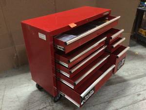 lot 111 image: Husky  52 in. W x 25 in. D Standard Duty 9-Drawer Mobile Workbench Tool Chest damaged see pictures