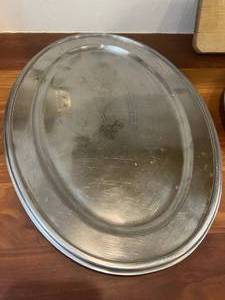 lot 47 image: Wilton Pewter Round Serving Platter with Vintage Oval Platters & WSTHOF Cutting Board