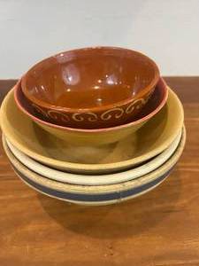 lot 16 image: Lot Of 6 Unique Primitive Antique Pottery Bowls - See Pictures For Makers