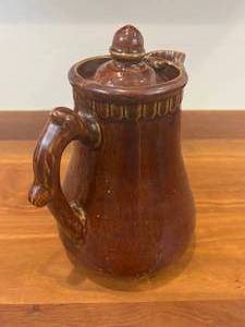 lot 19 image: Antique Pottery Pitcher CoffeeTea Vessel With Metal Insert