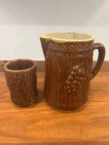 lot 25 image: Vintage Brown Pottery Pitcher With Mug Very Rare Majolica On Both