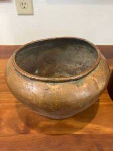 lot 51 image: Antique Hammered Copper Metal Bowl With Stamp On Bottom, Large 11 Antique Stoneware Brown Glazed Crock Jug & Round Primitive Antique Crock Bowl