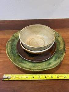 lot 52 image: Antique Primitive Stoneware Bowls & Antique Colorful Terra Cotta Footed Plate - Most Of These Are Signed - Please Check Pictures
